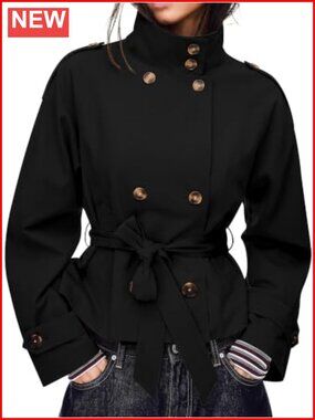 Cropped Trench Coat Double Breasted High Collar Short Jacket
